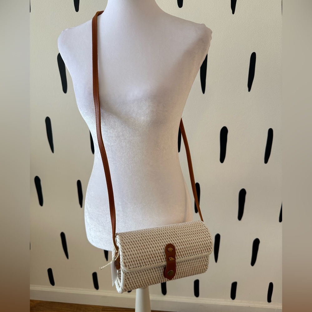Woven Crossbody Bag in Cream with Brown Strap